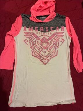 American Fighter Women’s White, Pink & Gray Hooded Long SleeveGraphic Sweatshirt